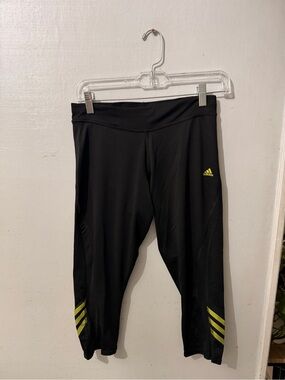 adidas Black Capri Leggings with Lime Accent Stripes